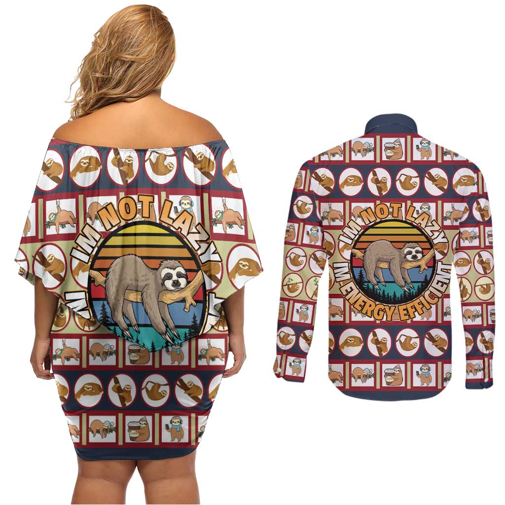 Sloth I'm Not Lazy I'm Energy Efficient Christmas Couples Matching Off Shoulder Short Dress and Long Sleeve Button Shirt Xmas Holiday Patterns - Wonder Print Shop
