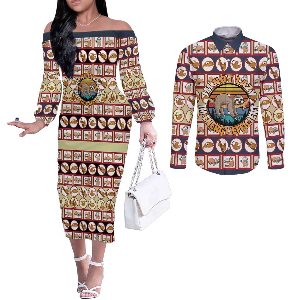 Sloth I'm Not Lazy I'm Energy Efficient Christmas Couples Matching Off The Shoulder Long Sleeve Dress and Long Sleeve Button Shirt Xmas Holiday Patterns - Wonder Print Shop