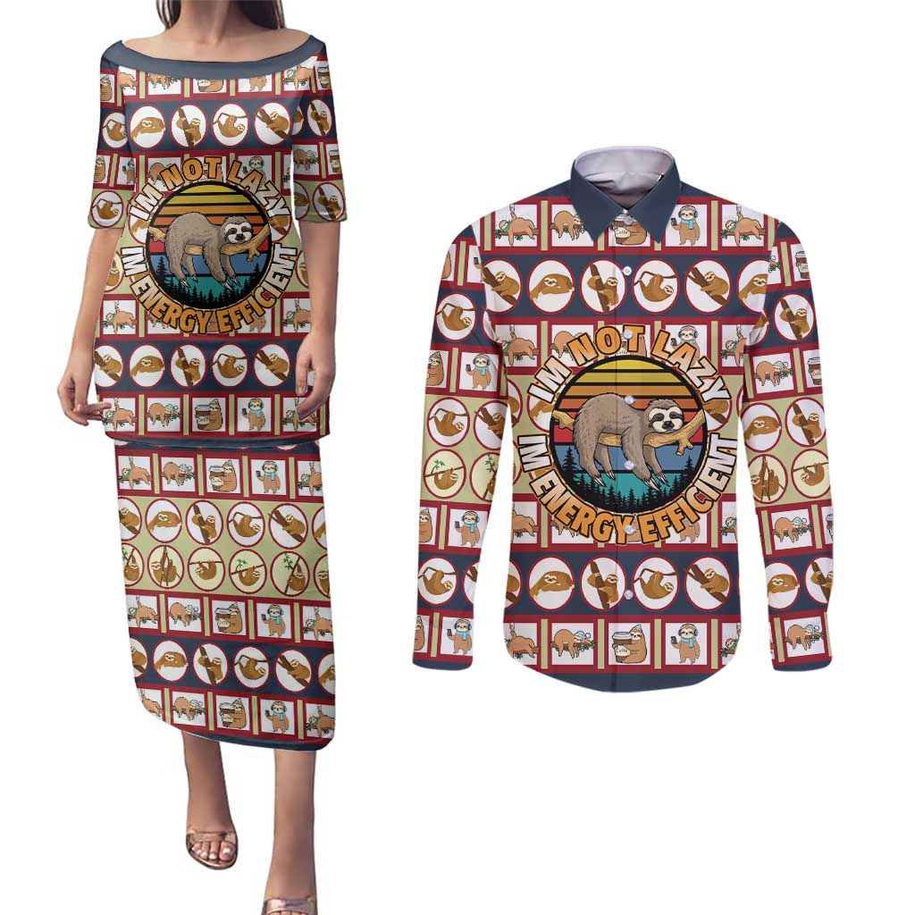 Sloth I'm Not Lazy I'm Energy Efficient Christmas Couples Matching Puletasi and Long Sleeve Button Shirt Xmas Holiday Patterns - Wonder Print Shop