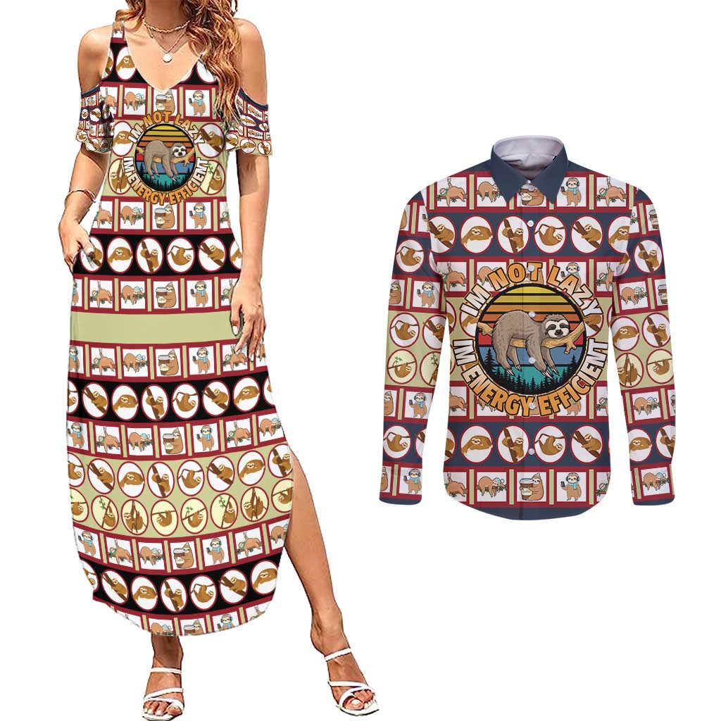 Sloth I'm Not Lazy I'm Energy Efficient Christmas Couples Matching Summer Maxi Dress and Long Sleeve Button Shirt Xmas Holiday Patterns - Wonder Print Shop