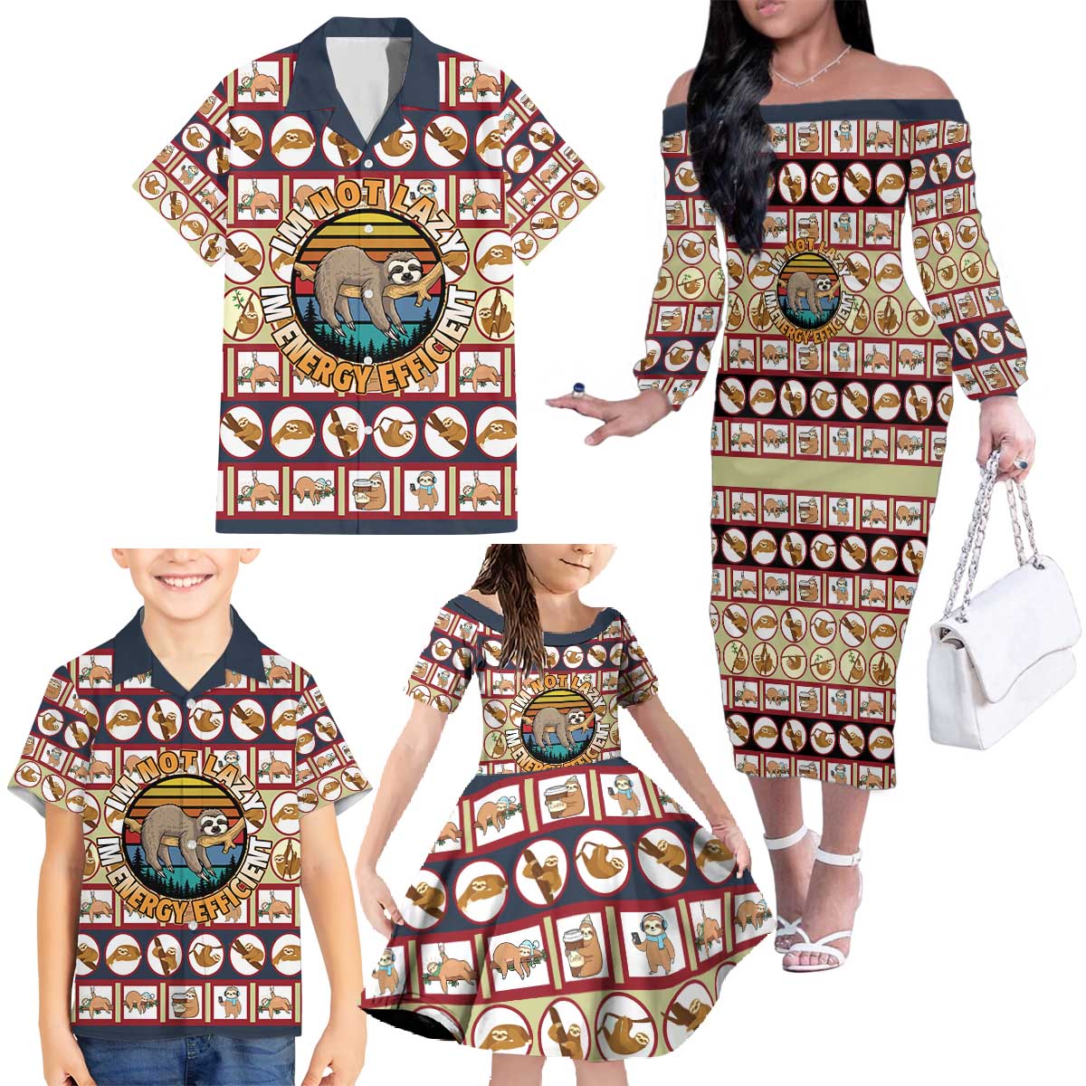 Sloth I'm Not Lazy I'm Energy Efficient Christmas Family Matching Off The Shoulder Long Sleeve Dress and Hawaiian Shirt Xmas Holiday Patterns - Wonder Print Shop