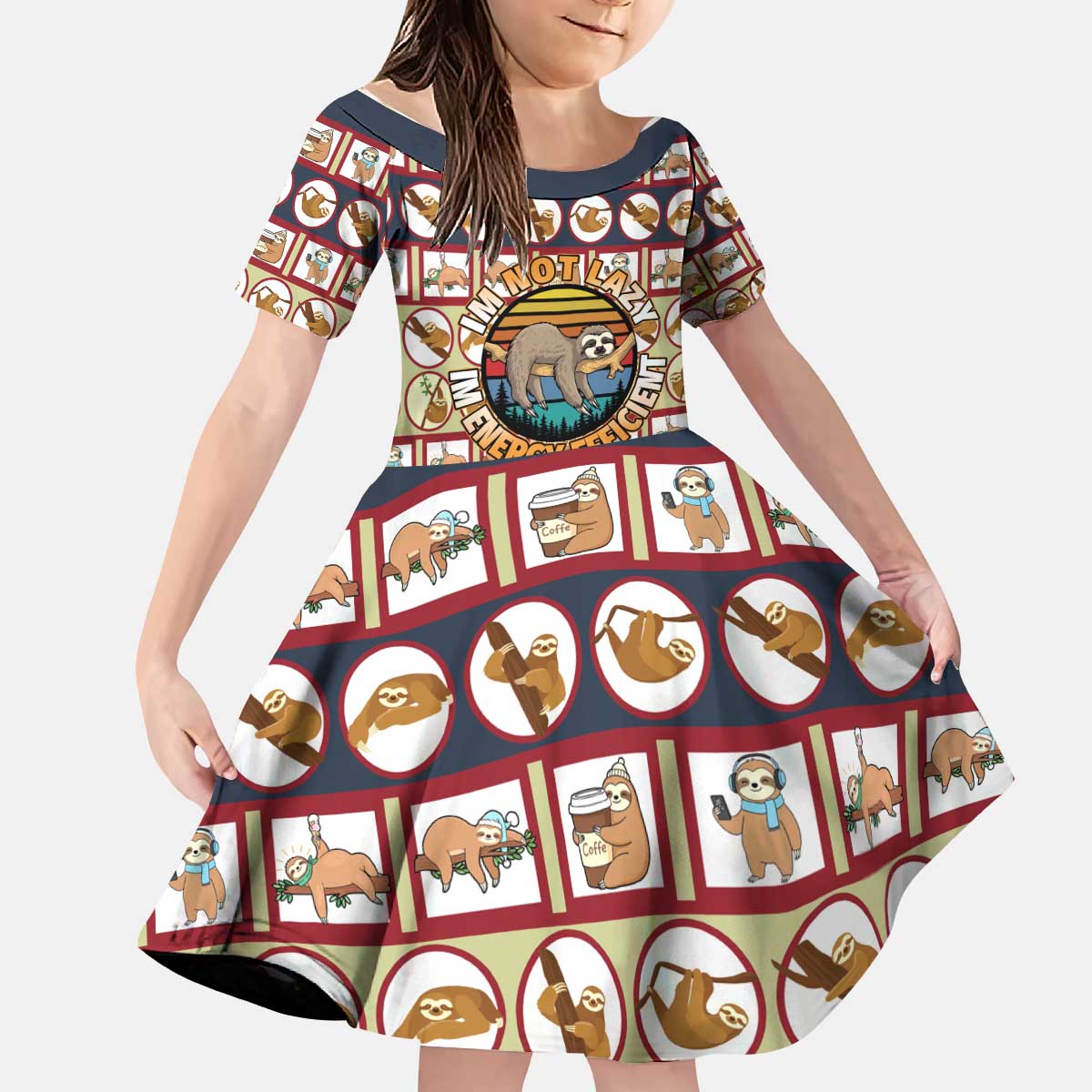 Sloth I'm Not Lazy I'm Energy Efficient Christmas Kid Short Sleeve Dress Xmas Holiday Patterns - Wonder Print Shop