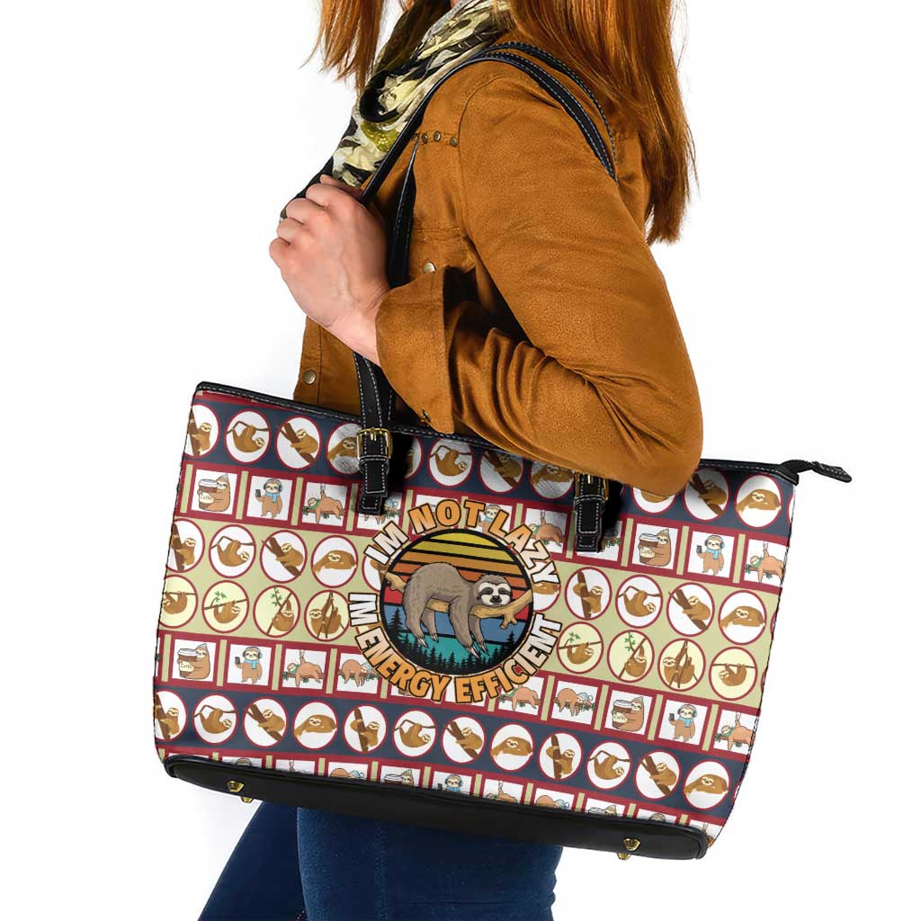 Sloth I'm Not Lazy I'm Energy Efficient Christmas Leather Tote Bag Xmas Holiday Patterns - Wonder Print Shop