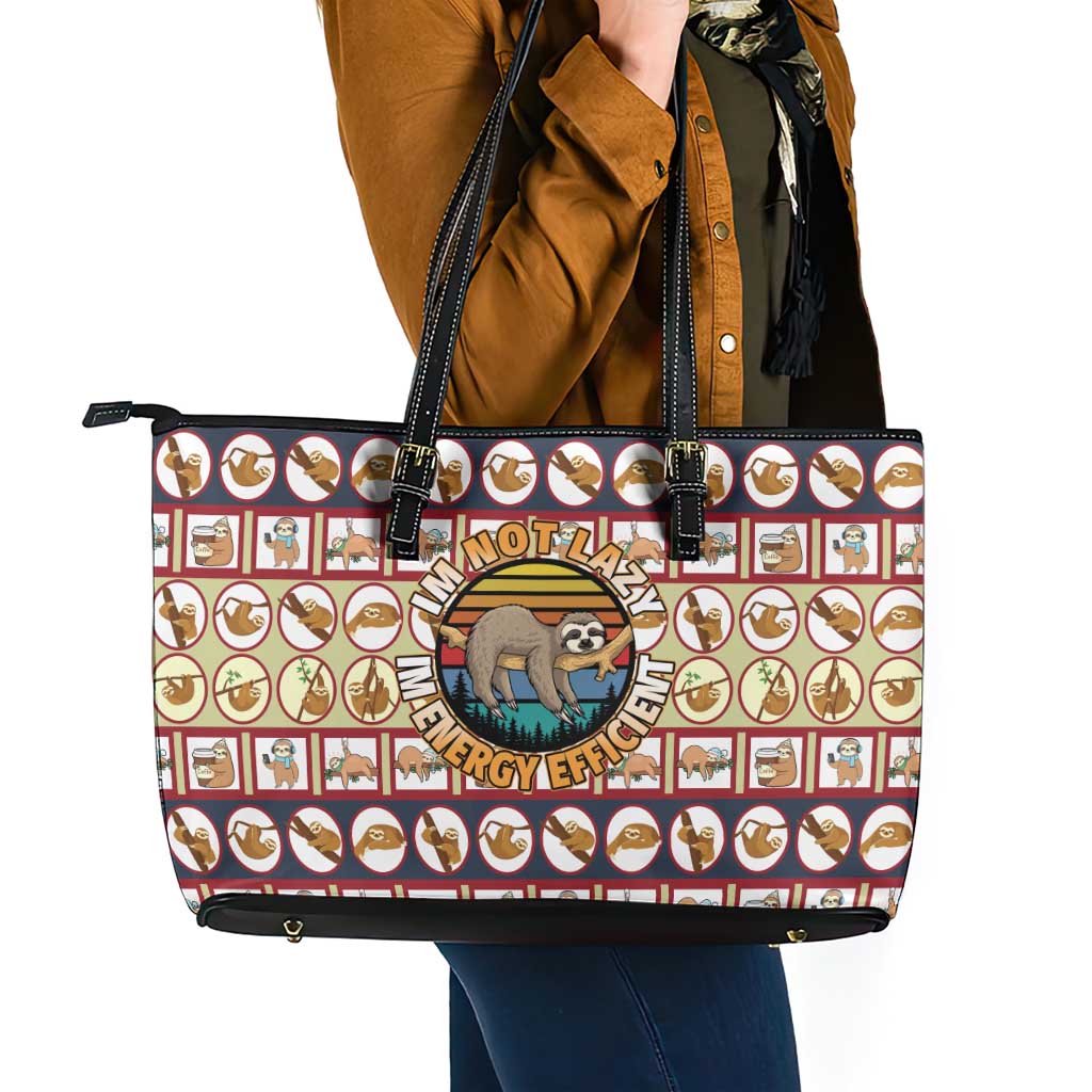 Sloth I'm Not Lazy I'm Energy Efficient Christmas Leather Tote Bag Xmas Holiday Patterns - Wonder Print Shop