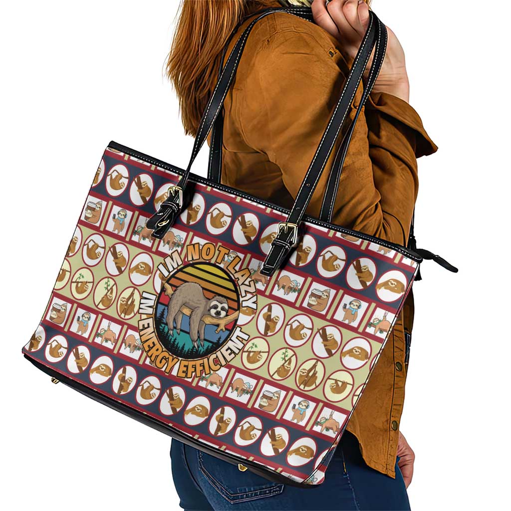 Sloth I'm Not Lazy I'm Energy Efficient Christmas Leather Tote Bag Xmas Holiday Patterns - Wonder Print Shop