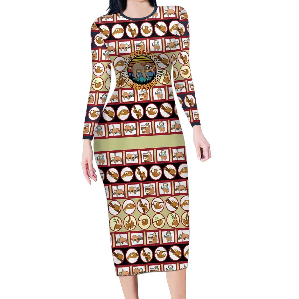 Sloth I'm Not Lazy I'm Energy Efficient Christmas Long Sleeve Bodycon Dress Xmas Holiday Patterns - Wonder Print Shop