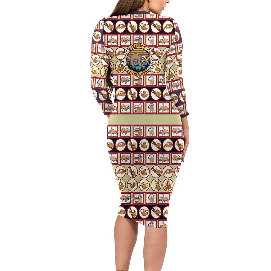 Sloth I'm Not Lazy I'm Energy Efficient Christmas Long Sleeve Bodycon Dress Xmas Holiday Patterns - Wonder Print Shop