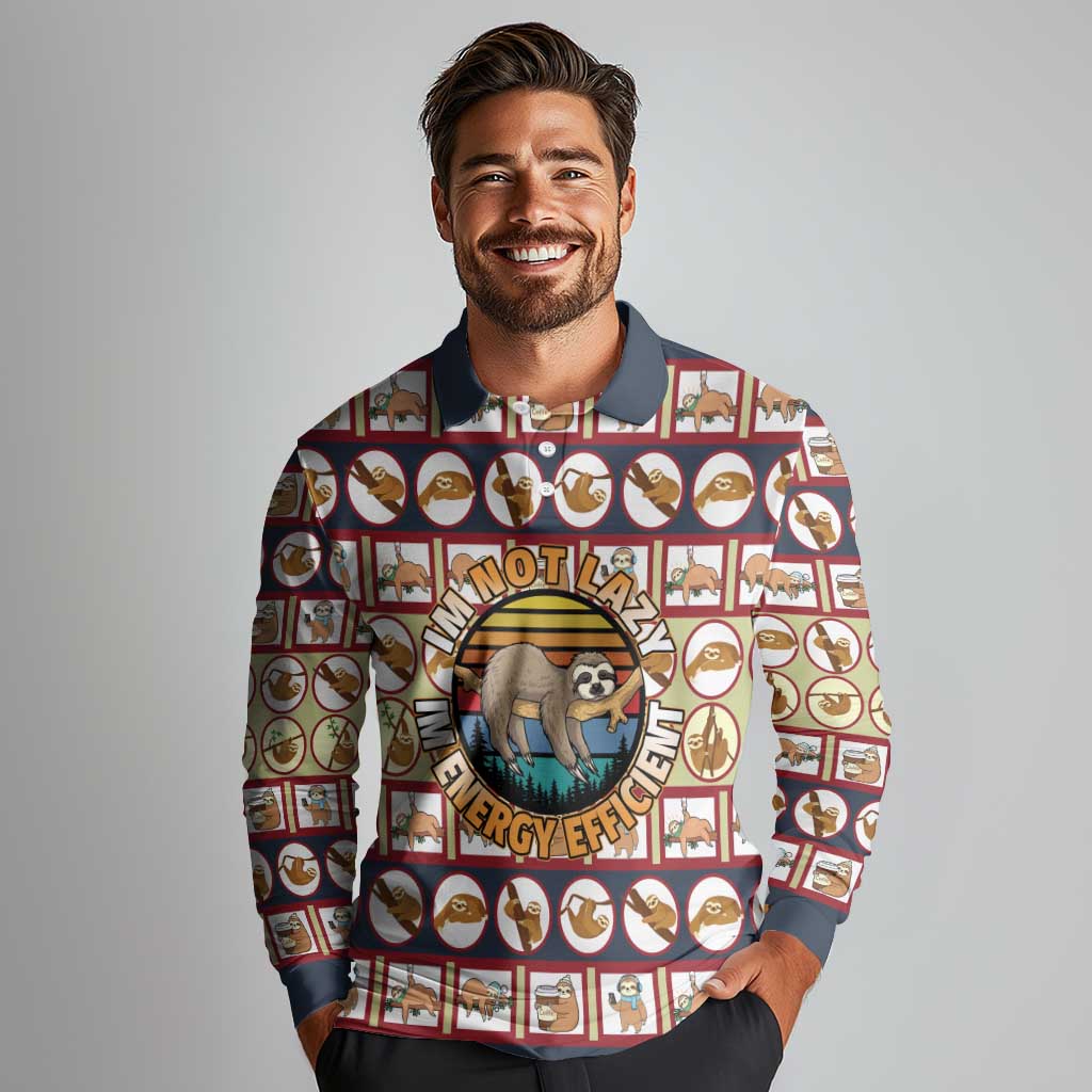 Sloth I'm Not Lazy I'm Energy Efficient Christmas Long Sleeve Polo Shirt Xmas Holiday Patterns - Wonder Print Shop