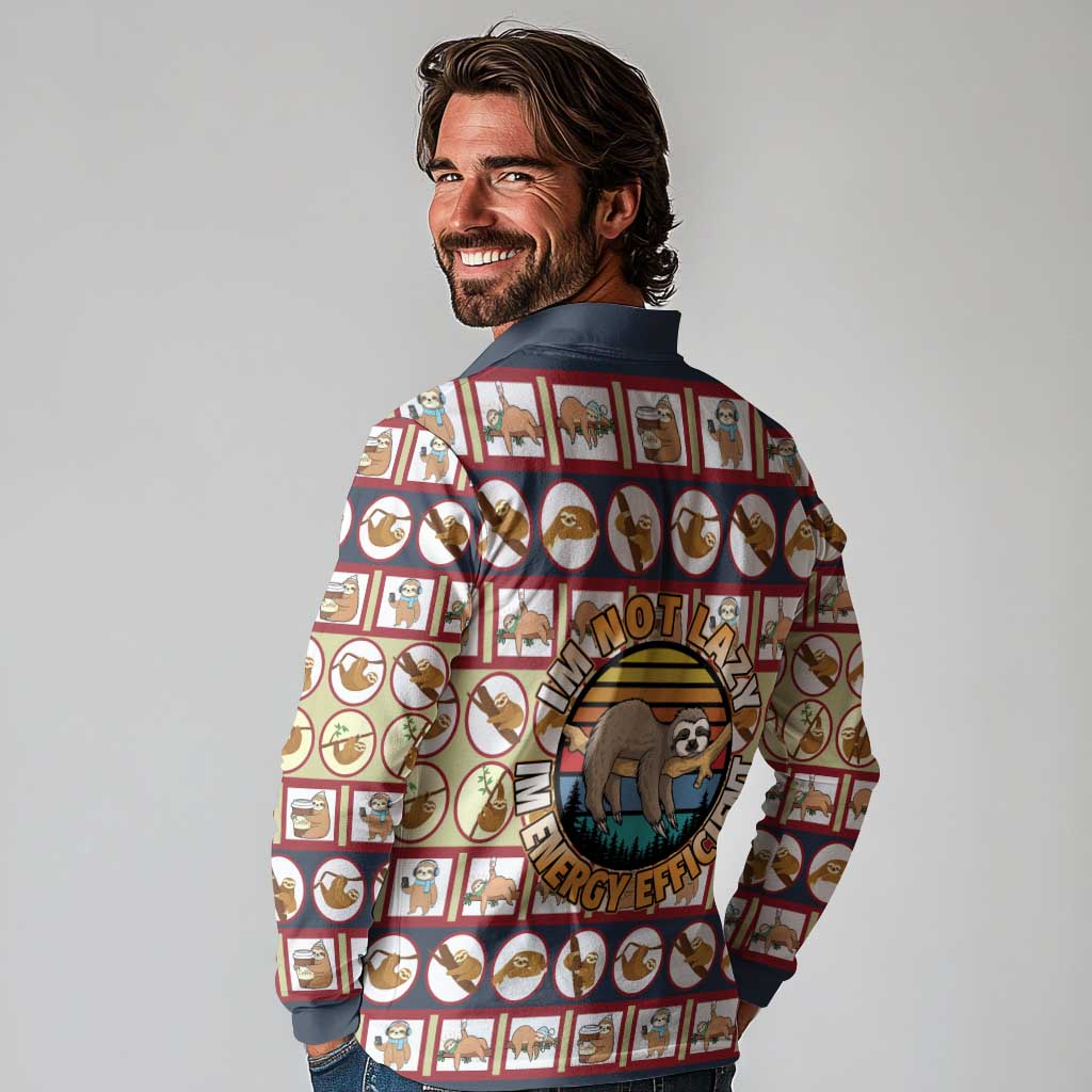 Sloth I'm Not Lazy I'm Energy Efficient Christmas Long Sleeve Polo Shirt Xmas Holiday Patterns - Wonder Print Shop
