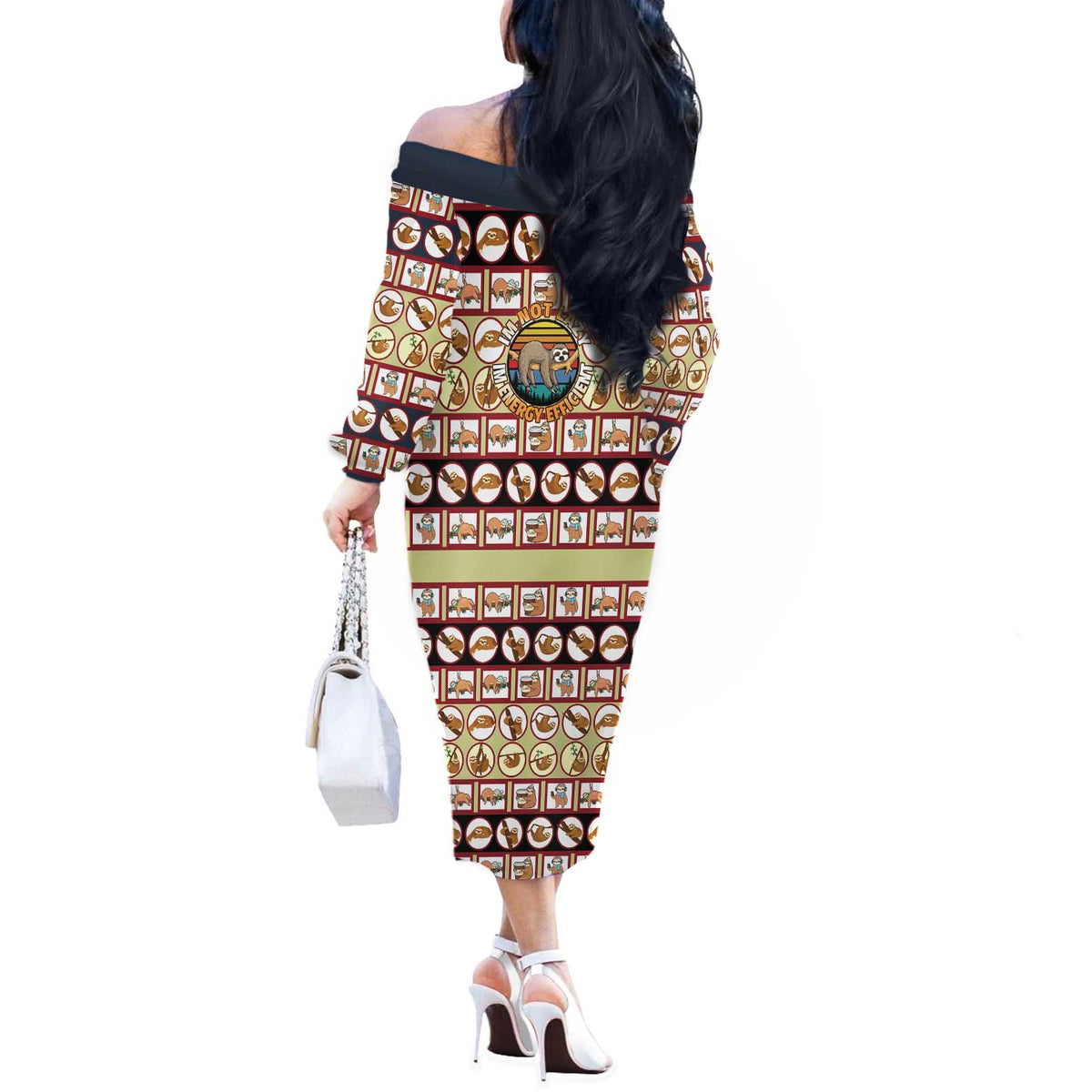 Sloth I'm Not Lazy I'm Energy Efficient Christmas Off The Shoulder Long Sleeve Dress Xmas Holiday Patterns - Wonder Print Shop