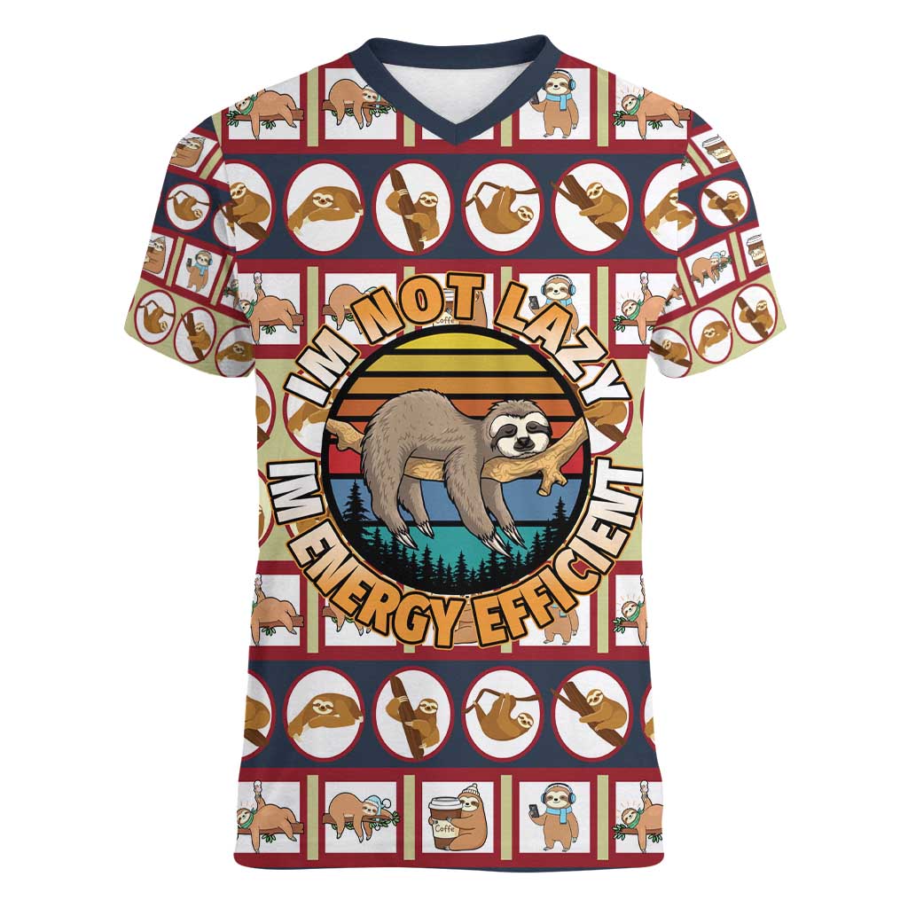 Sloth I'm Not Lazy I'm Energy Efficient Christmas Women V-Neck T-Shirt Xmas Holiday Patterns - Wonder Print Shop