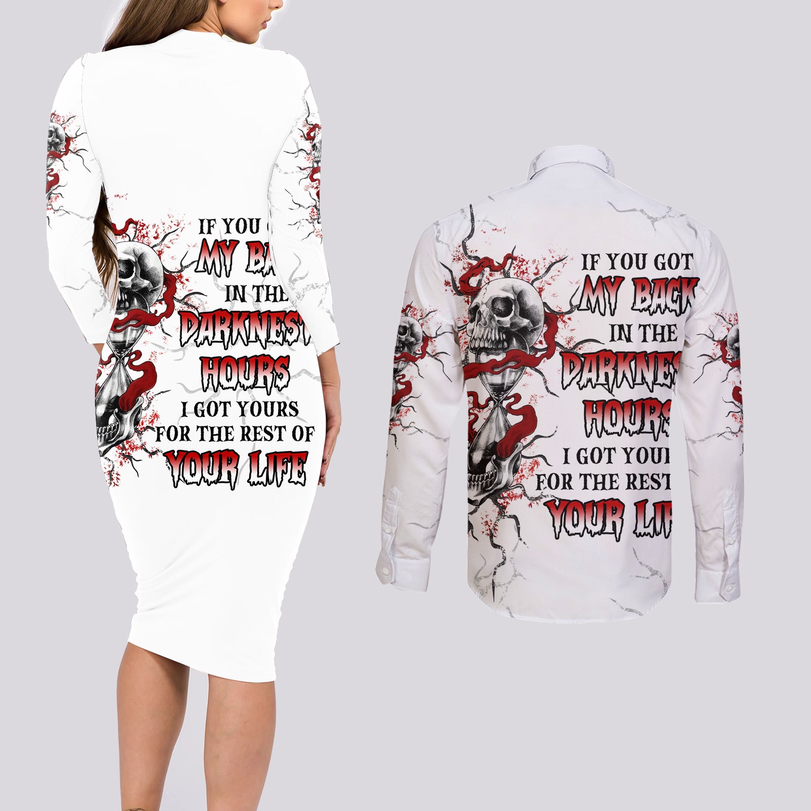 If You Got My Back In The Darkest Hours Couples Matching Long Sleeve Bodycon Dress and Long Sleeve Button Shirt - Wonder Print Shop