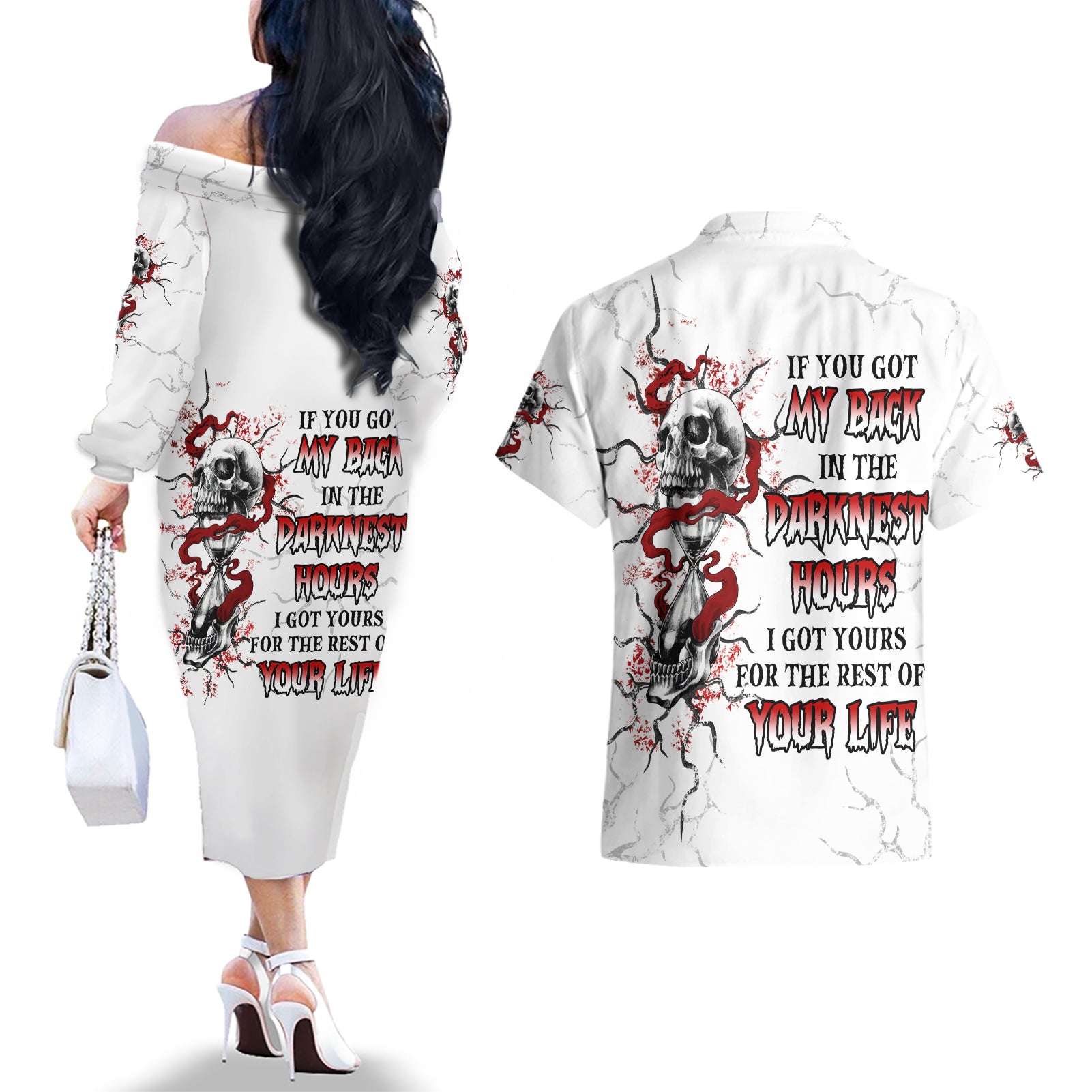If You Got My Back In The Darkest Hours Couples Matching Off The Shoulder Long Sleeve Dress and Hawaiian Shirt - Wonder Print Shop