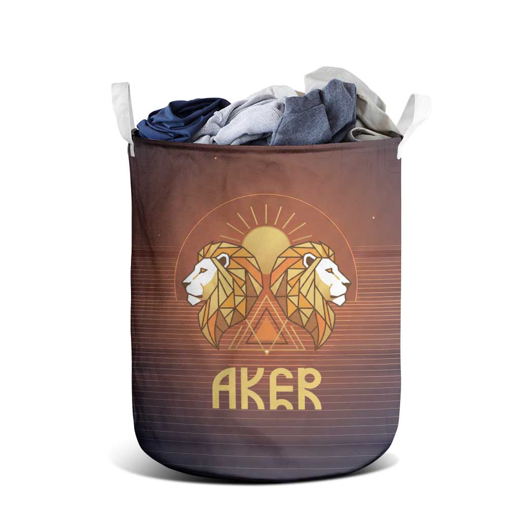 Aker Laundry Basket Ancient Egyptian Sunset Gradient, Twin Lion Guardians, and Solar Disc - Wonder Print Shop