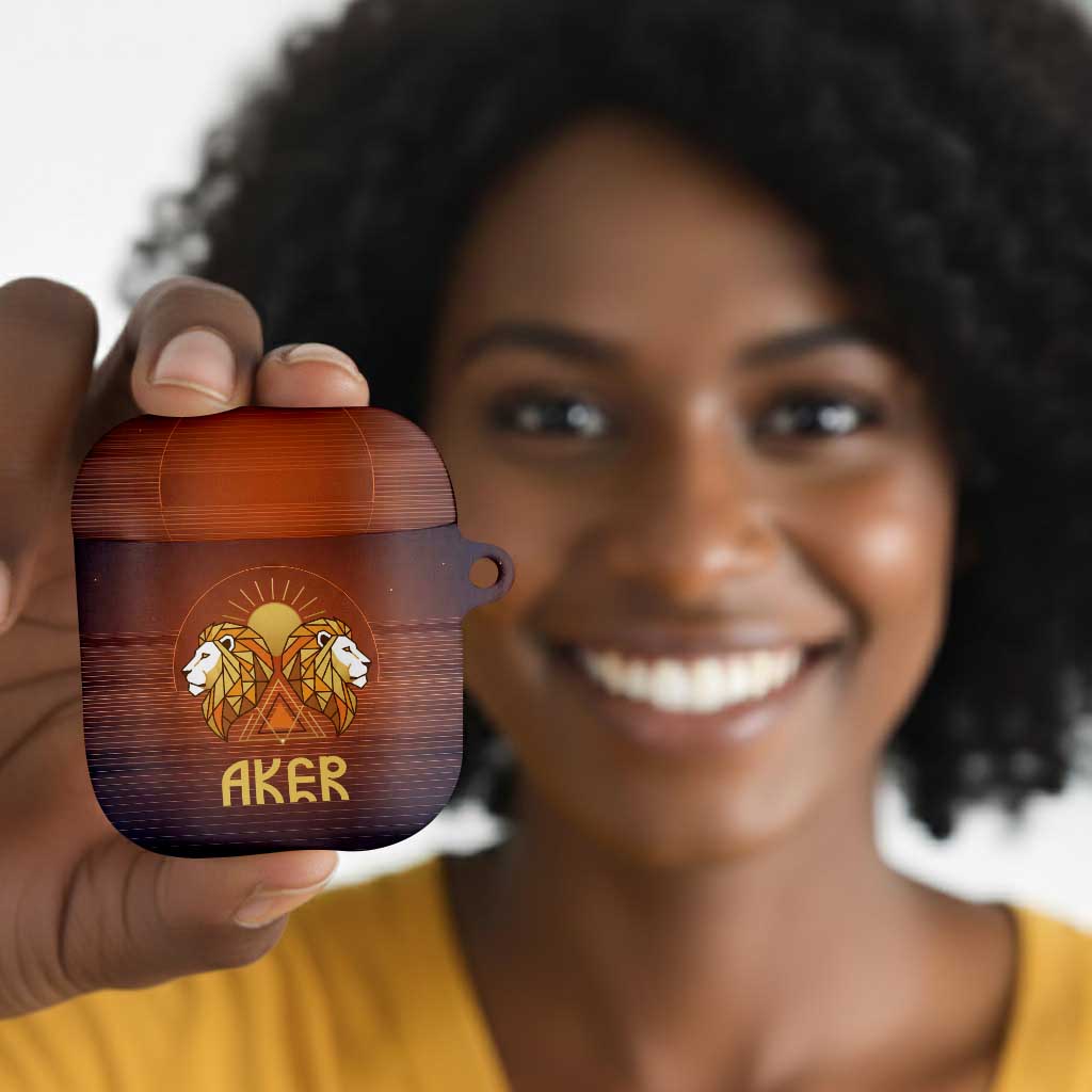Aker AirPods Case Ancient Egyptian Sunset Gradient, Twin Lion Guardians, and Solar Disc - Wonder Print Shop