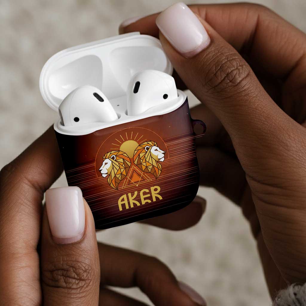 Aker AirPods Case Ancient Egyptian Sunset Gradient, Twin Lion Guardians, and Solar Disc - Wonder Print Shop