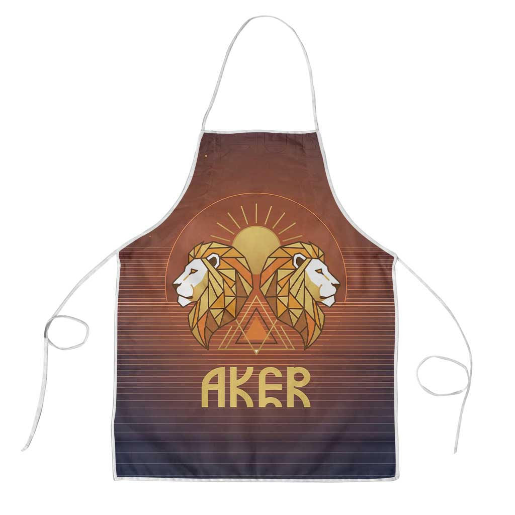 Aker Apron Ancient Egyptian Sunset Gradient, Twin Lion Guardians, and Solar Disc - Wonder Print Shop