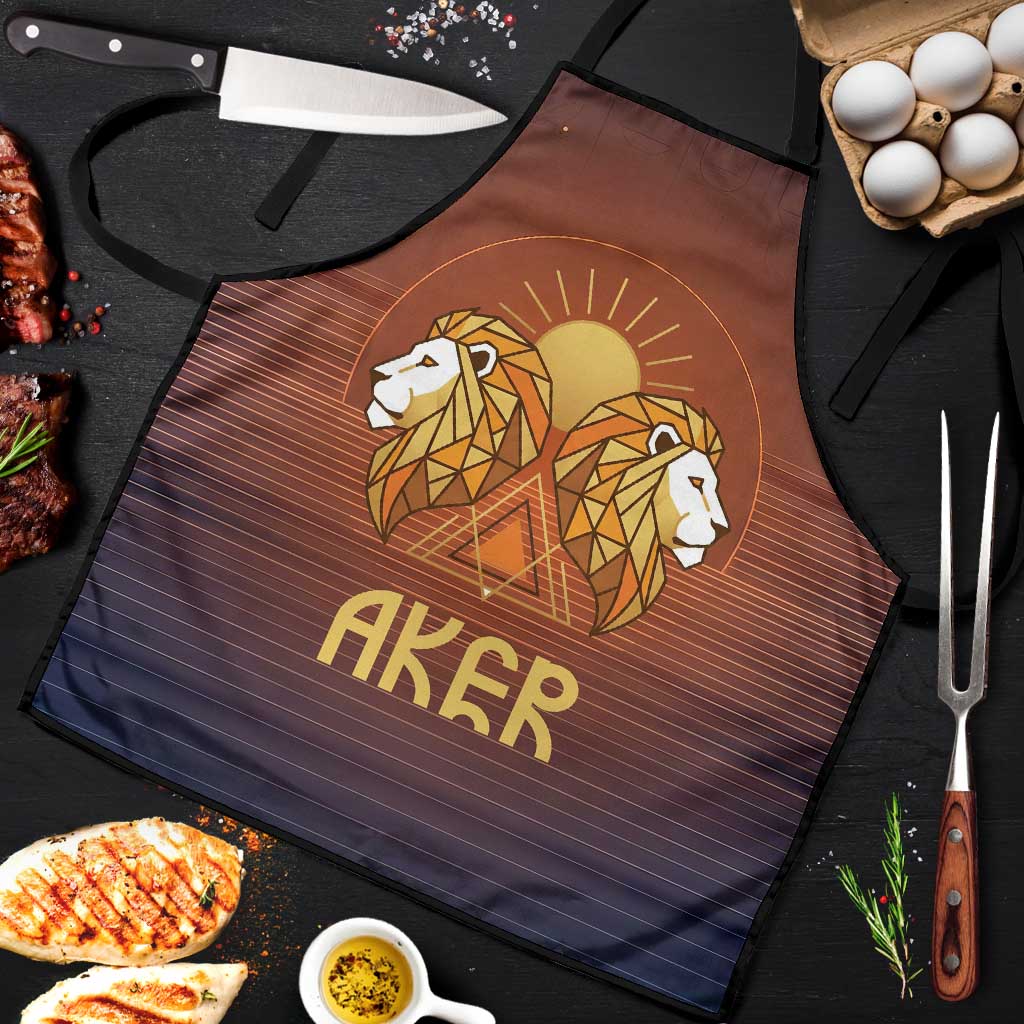 Aker Apron Ancient Egyptian Sunset Gradient, Twin Lion Guardians, and Solar Disc - Wonder Print Shop