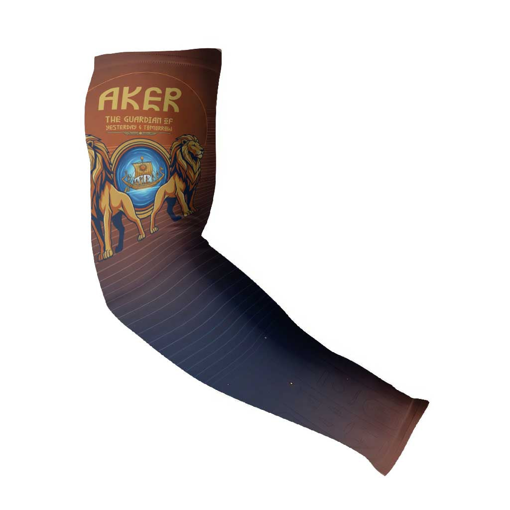 Aker Arm Sleeves Ancient Egyptian Sunset Gradient, Twin Lion Guardians, and Solar Disc - Wonder Print Shop