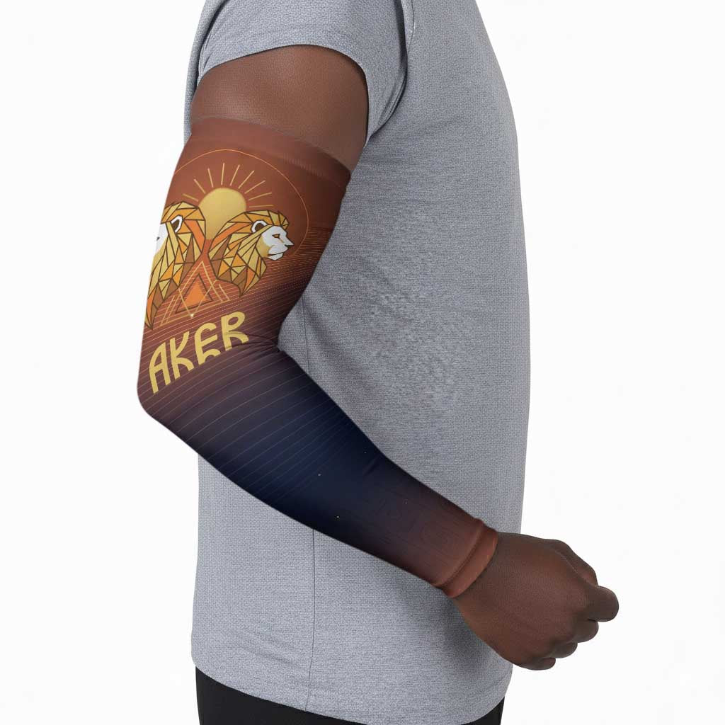 Aker Arm Sleeves Ancient Egyptian Sunset Gradient, Twin Lion Guardians, and Solar Disc - Wonder Print Shop