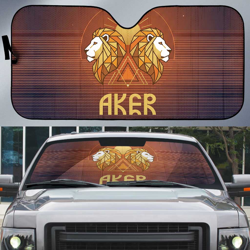 Aker Auto Sun Shade Ancient Egyptian Sunset Gradient, Twin Lion Guardians, and Solar Disc - Wonder Print Shop