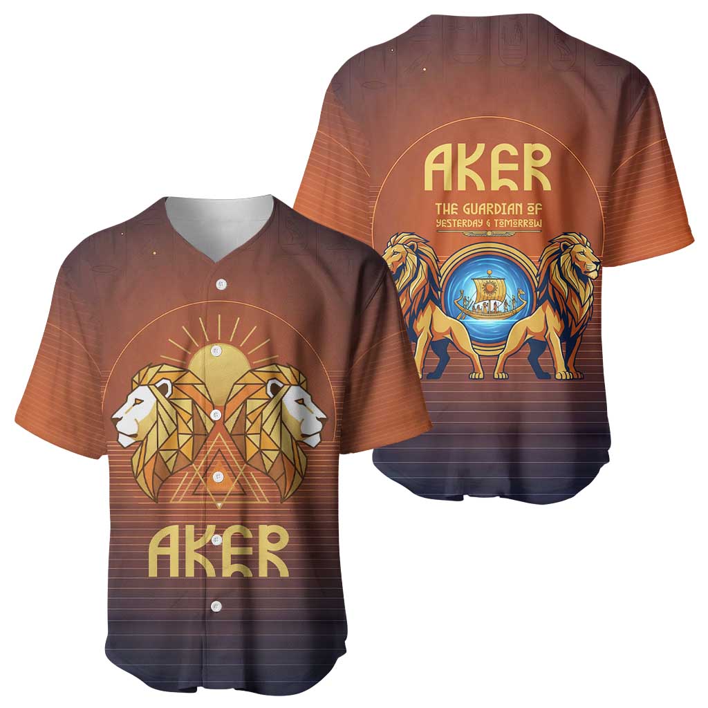 Aker Baseball Jersey Ancient Egyptian Sunset Gradient, Twin Lion Guardians, and Solar Disc - Wonder Print Shop