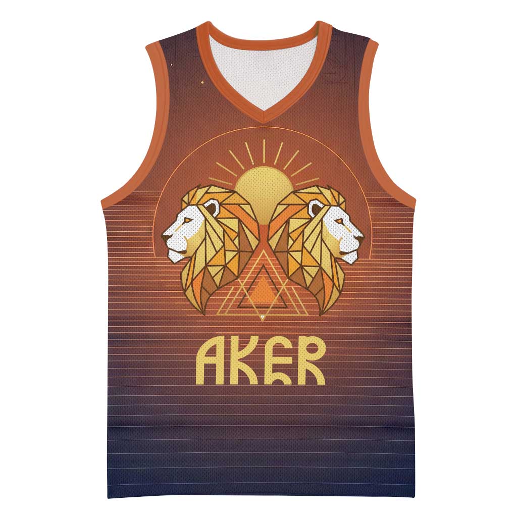 Aker Basketball Jersey Ancient Egyptian Sunset Gradient, Twin Lion Guardians, and Solar Disc - Wonder Print Shop