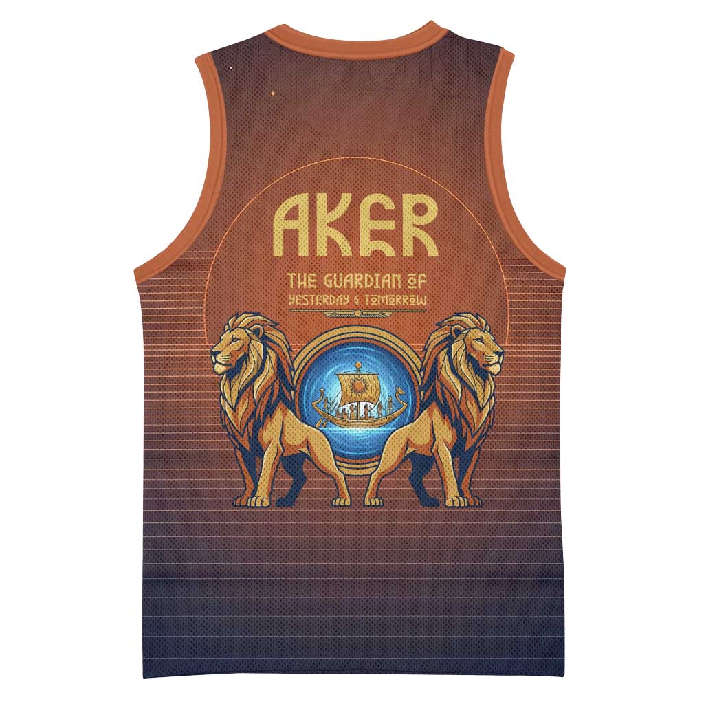 Aker Basketball Jersey Ancient Egyptian Sunset Gradient, Twin Lion Guardians, and Solar Disc - Wonder Print Shop