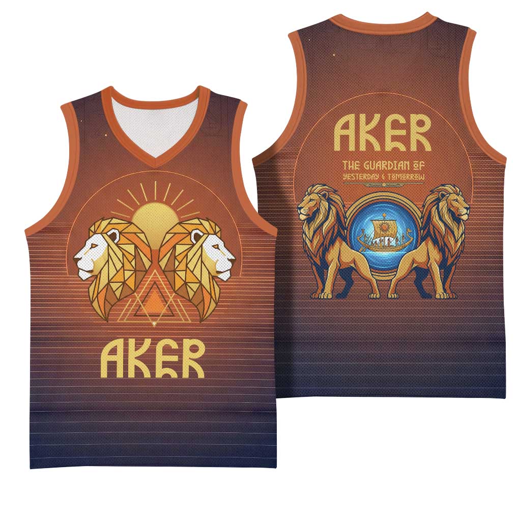Aker Basketball Jersey Ancient Egyptian Sunset Gradient, Twin Lion Guardians, and Solar Disc - Wonder Print Shop