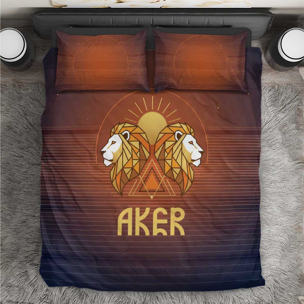 Aker Bedding Set Ancient Egyptian Sunset Gradient, Twin Lion Guardians, and Solar Disc - Wonder Print Shop