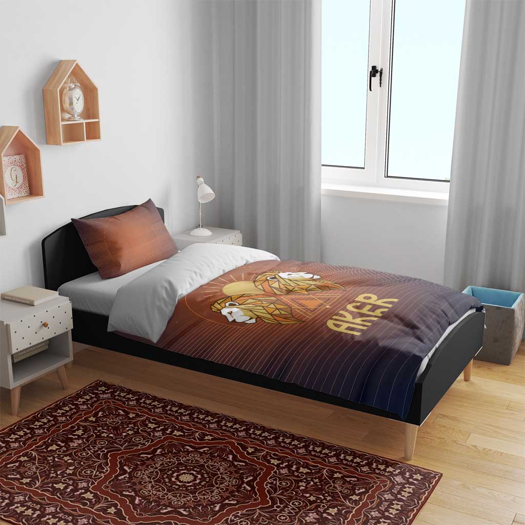 Aker Bedding Set Ancient Egyptian Sunset Gradient, Twin Lion Guardians, and Solar Disc - Wonder Print Shop