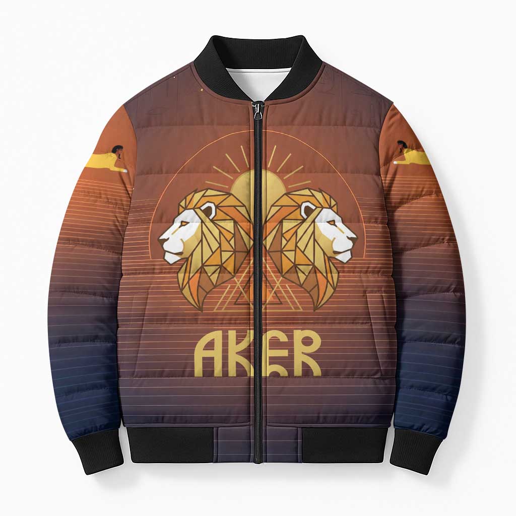 Aker Bomber Puffer Jacket Ancient Egyptian Sunset Gradient, Twin Lion Guardians, and Solar Disc - Wonder Print Shop