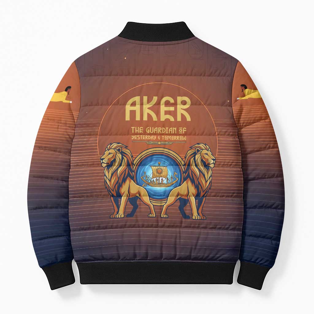Aker Bomber Puffer Jacket Ancient Egyptian Sunset Gradient, Twin Lion Guardians, and Solar Disc - Wonder Print Shop