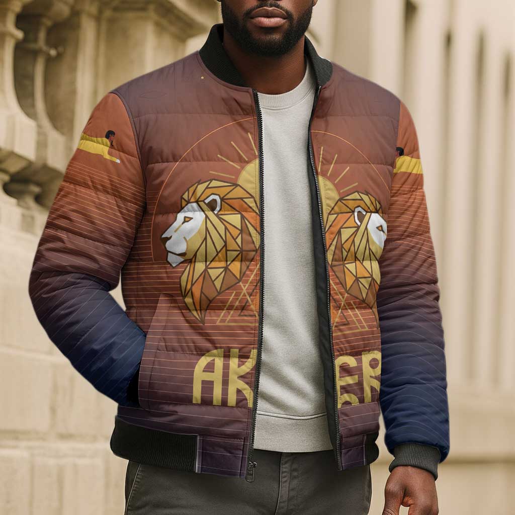 Aker Bomber Puffer Jacket Ancient Egyptian Sunset Gradient, Twin Lion Guardians, and Solar Disc - Wonder Print Shop