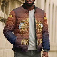 Aker Bomber Puffer Jacket Ancient Egyptian Sunset Gradient, Twin Lion Guardians, and Solar Disc - Wonder Print Shop