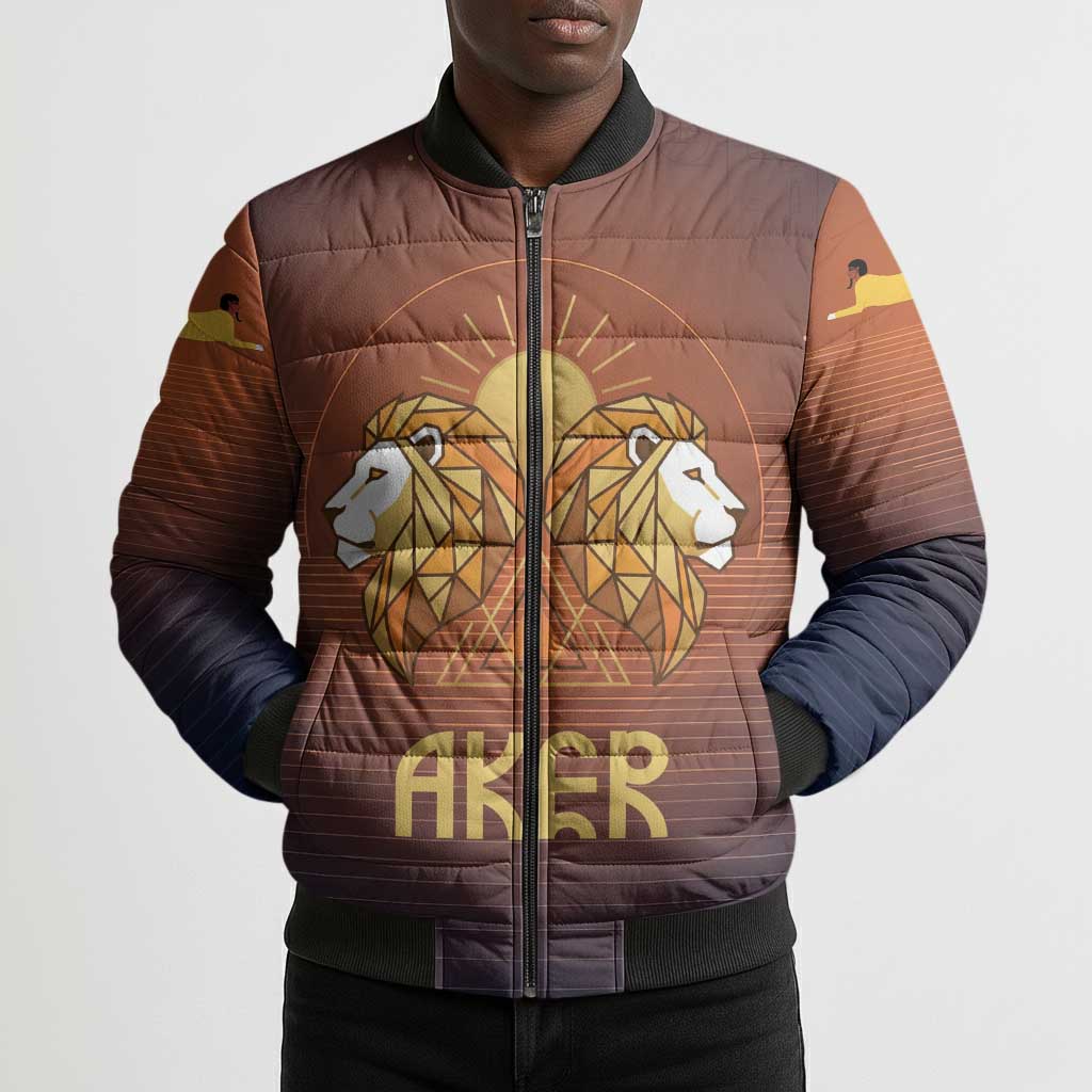 Aker Bomber Puffer Jacket Ancient Egyptian Sunset Gradient, Twin Lion Guardians, and Solar Disc - Wonder Print Shop