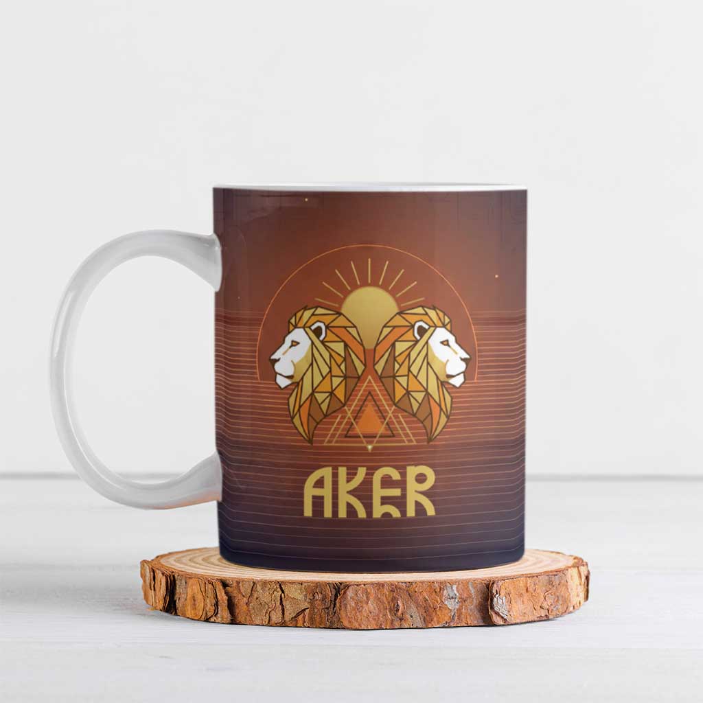 Aker Ceramic Mug Ancient Egyptian Sunset Gradient, Twin Lion Guardians, and Solar Disc - Wonder Print Shop