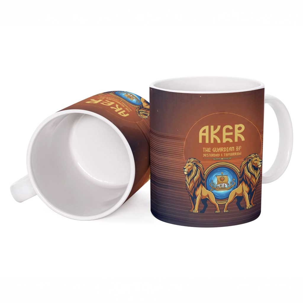 Aker Ceramic Mug Ancient Egyptian Sunset Gradient, Twin Lion Guardians, and Solar Disc - Wonder Print Shop