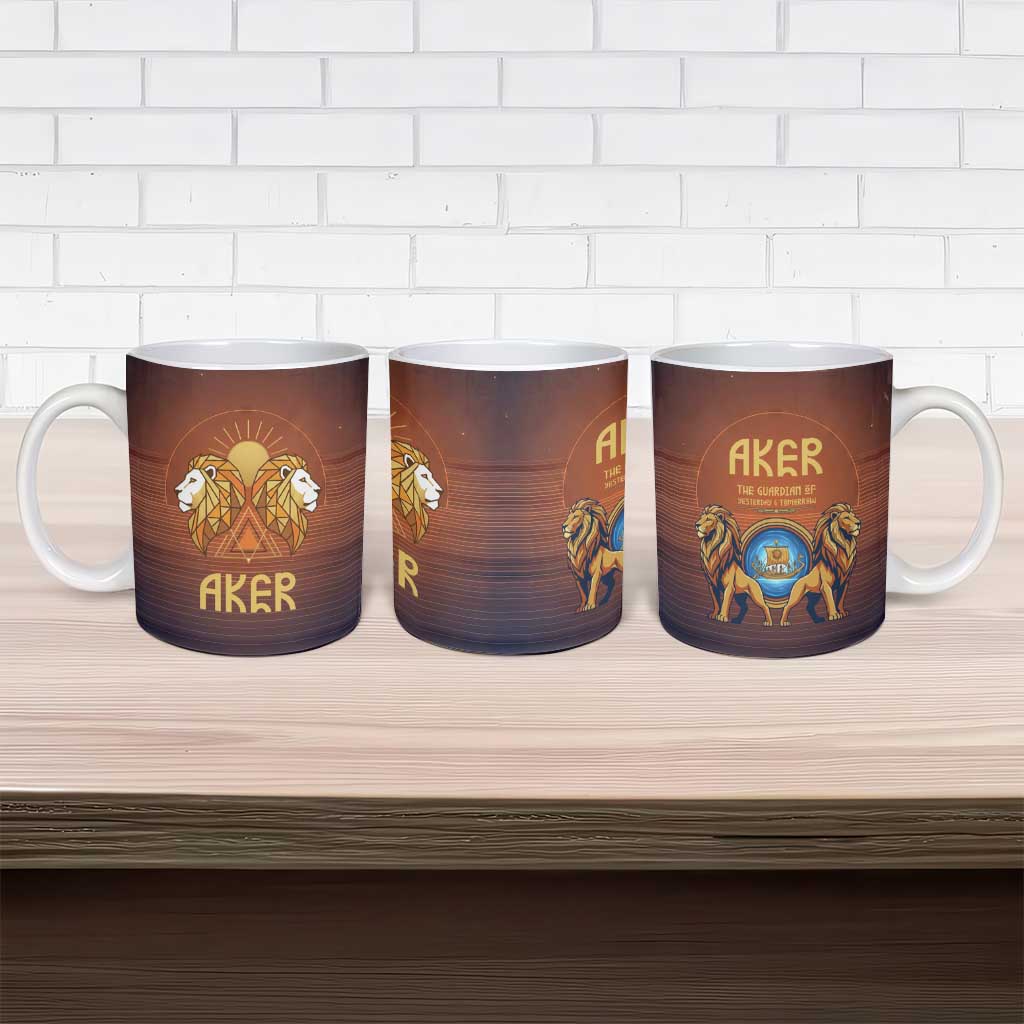 Aker Ceramic Mug Ancient Egyptian Sunset Gradient, Twin Lion Guardians, and Solar Disc - Wonder Print Shop