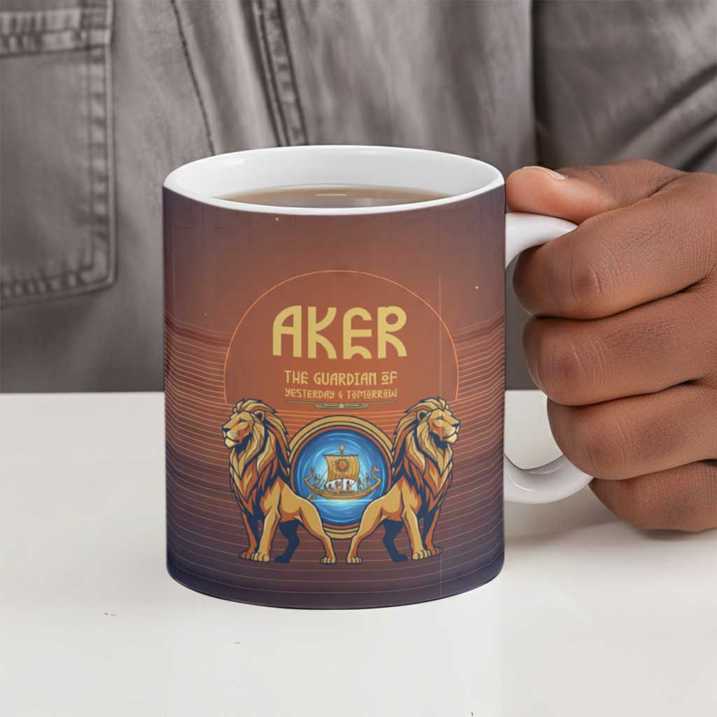 Aker Ceramic Mug Ancient Egyptian Sunset Gradient, Twin Lion Guardians, and Solar Disc - Wonder Print Shop