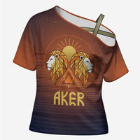 Aker Cross Shoulder Shirt Ancient Egyptian Sunset Gradient, Twin Lion Guardians, and Solar Disc - Wonder Print Shop
