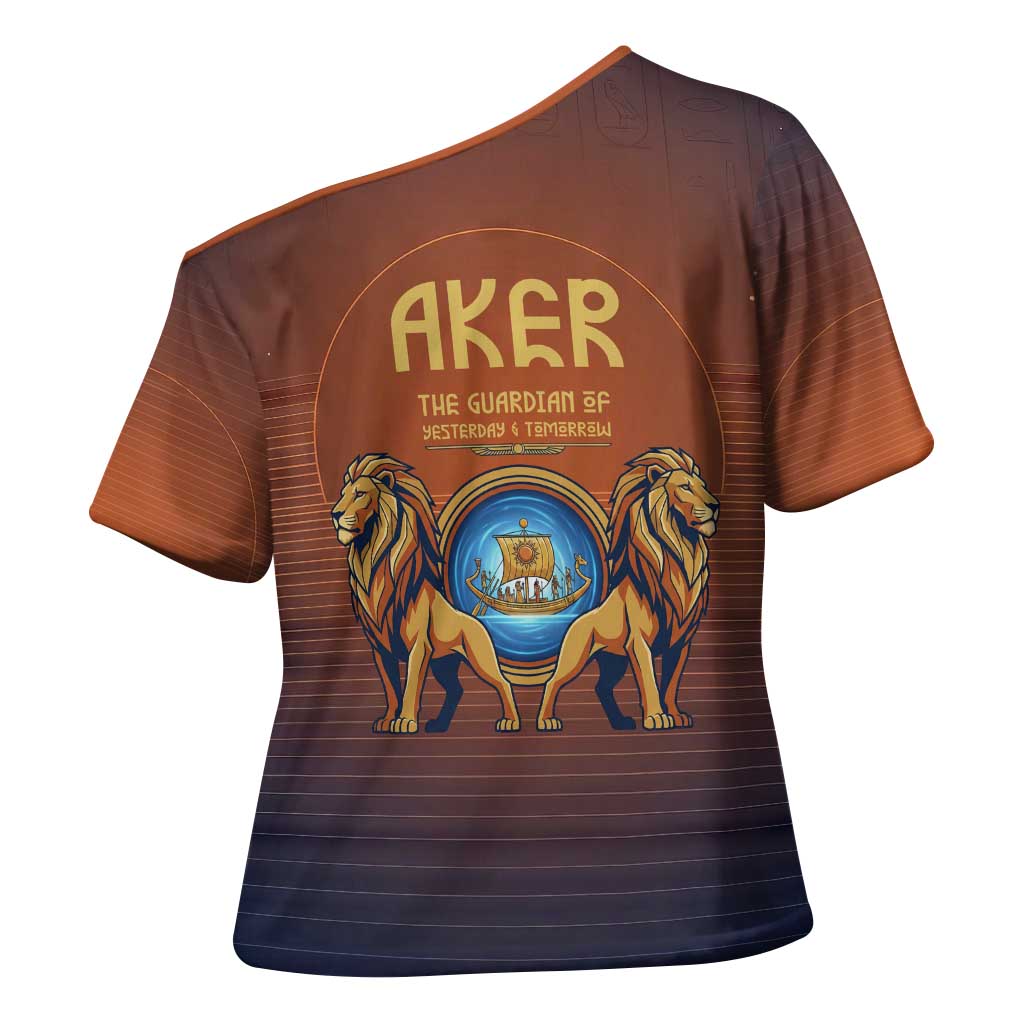 Aker Cross Shoulder Shirt Ancient Egyptian Sunset Gradient, Twin Lion Guardians, and Solar Disc - Wonder Print Shop