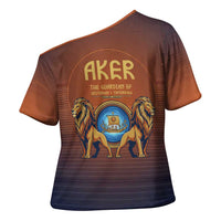 Aker Cross Shoulder Shirt Ancient Egyptian Sunset Gradient, Twin Lion Guardians, and Solar Disc - Wonder Print Shop