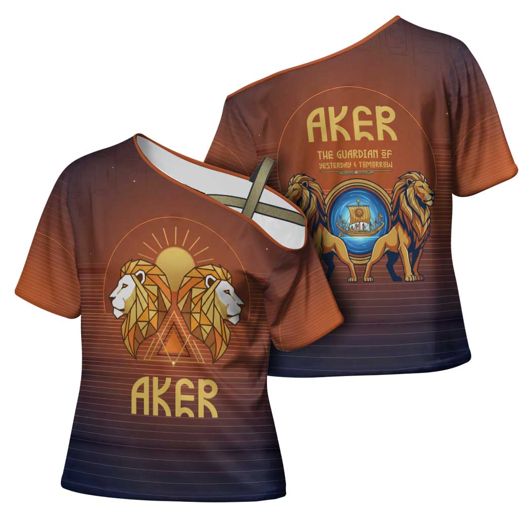 Aker Cross Shoulder Shirt Ancient Egyptian Sunset Gradient, Twin Lion Guardians, and Solar Disc - Wonder Print Shop