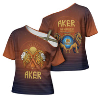 Aker Cross Shoulder Shirt Ancient Egyptian Sunset Gradient, Twin Lion Guardians, and Solar Disc - Wonder Print Shop