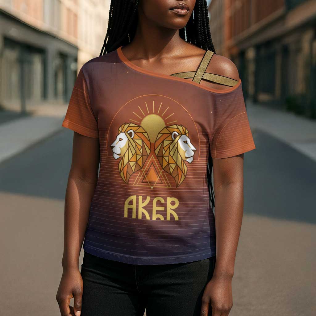 Aker Cross Shoulder Shirt Ancient Egyptian Sunset Gradient, Twin Lion Guardians, and Solar Disc - Wonder Print Shop