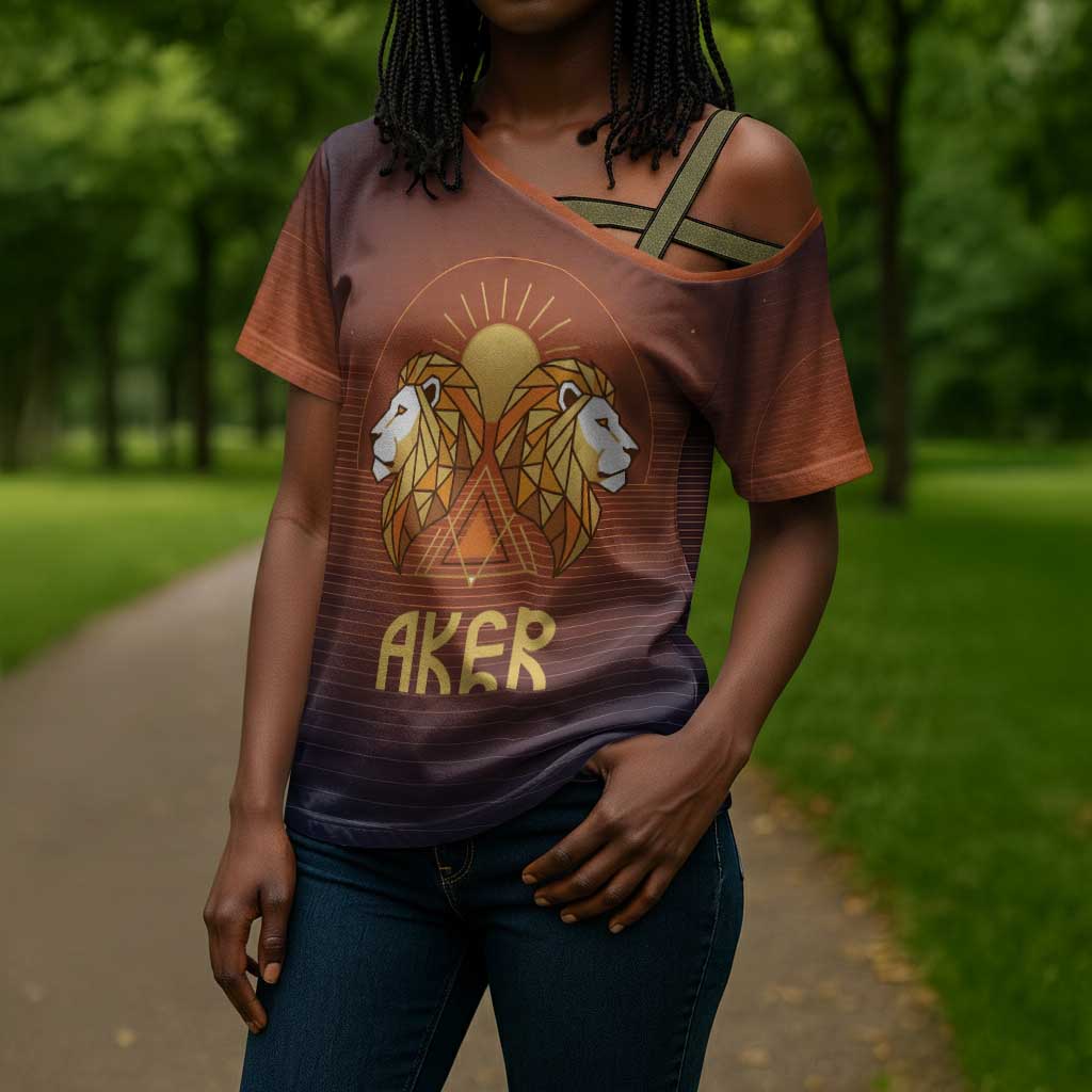 Aker Cross Shoulder Shirt Ancient Egyptian Sunset Gradient, Twin Lion Guardians, and Solar Disc - Wonder Print Shop