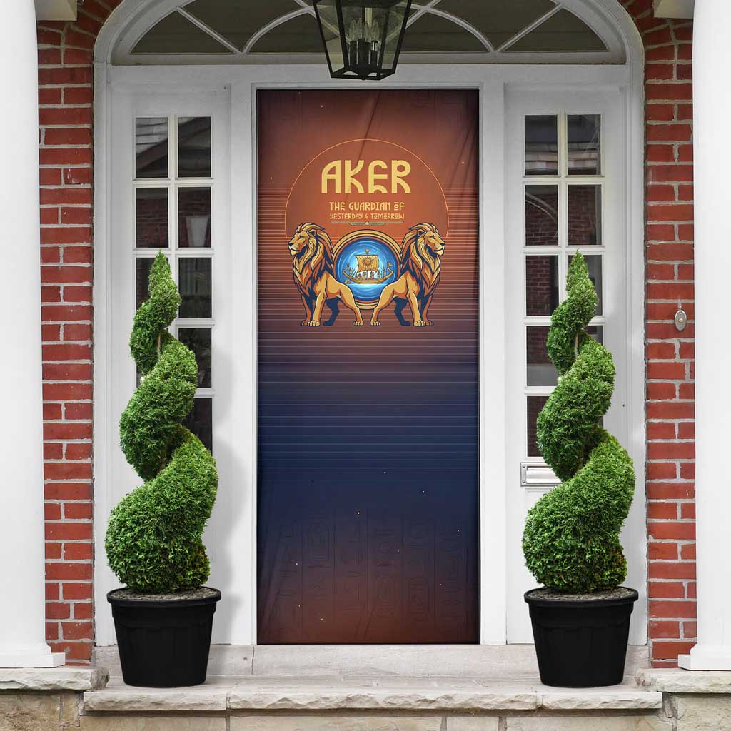 Aker Door Cover Ancient Egyptian Sunset Gradient, Twin Lion Guardians, and Solar Disc - Wonder Print Shop