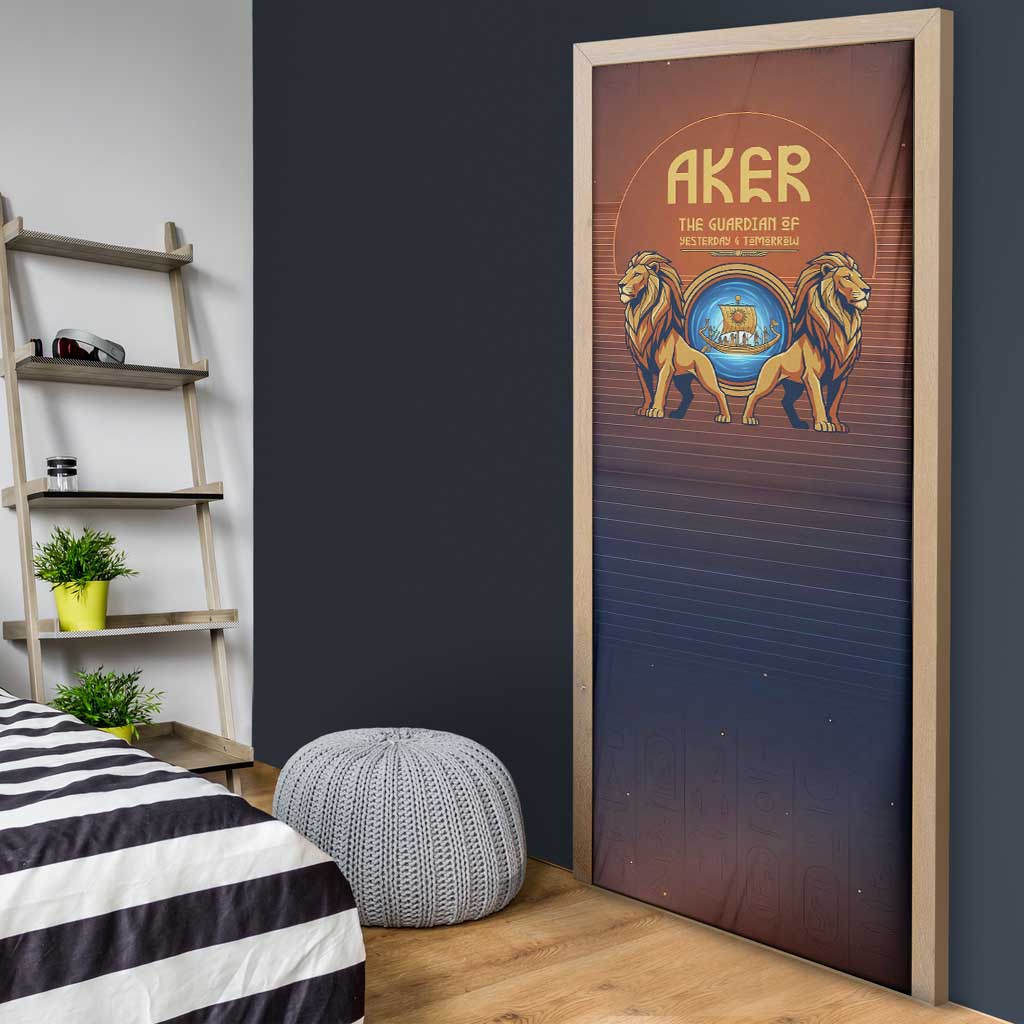 Aker Door Cover Ancient Egyptian Sunset Gradient, Twin Lion Guardians, and Solar Disc - Wonder Print Shop
