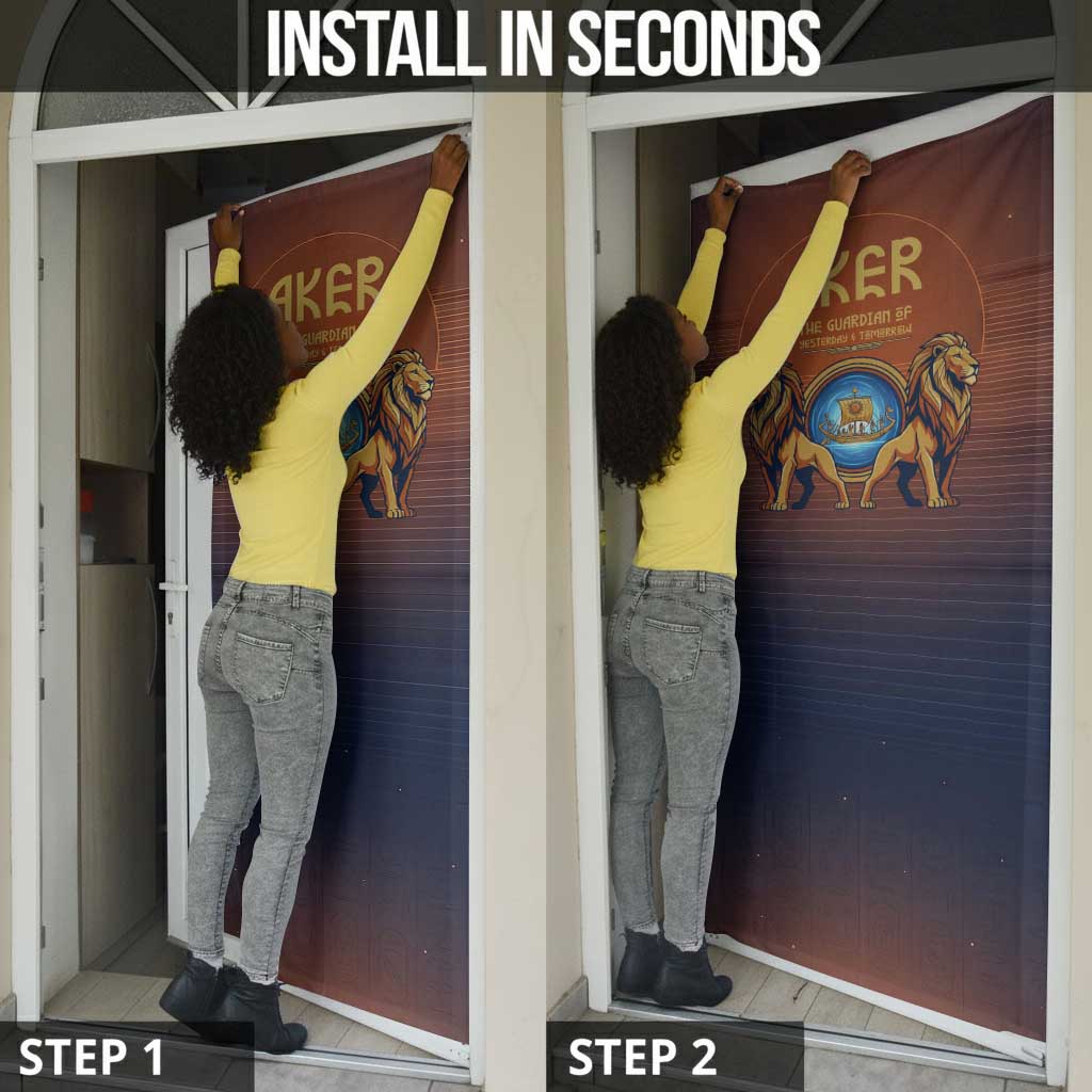 Aker Door Cover Ancient Egyptian Sunset Gradient, Twin Lion Guardians, and Solar Disc - Wonder Print Shop